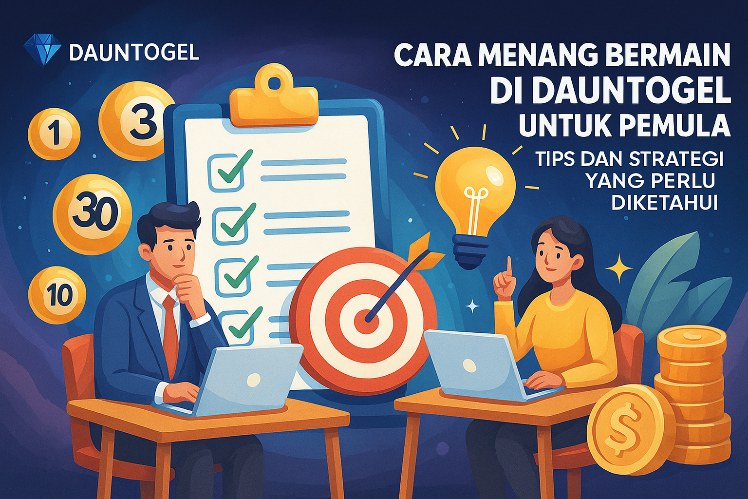 Ilustrasi digital penuh warna yang menggambarkan dua orang—seorang pria dan wanita—sedang duduk di depan laptop dengan latar belakang elemen-elemen visual seperti papan ceklis, target panah, bola angka togel, koin emas, dan ikon lampu ide. Teks di atas berbunyi "Cara Menang Bermain di Dauntogel untuk Pemula - Tips dan Strategi yang Perlu Diketahui". Visual ini merepresentasikan panduan strategi bermain togel online secara aman dan terencana di platform Dauntogel.