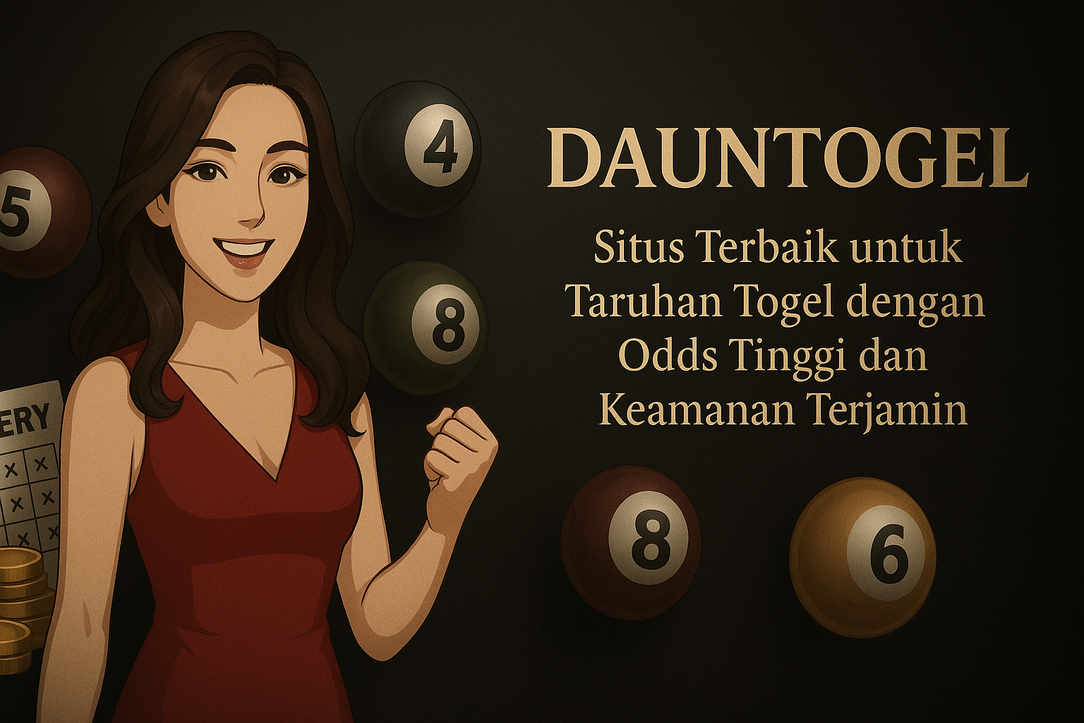Dauntogel situs togel online terbaik dengan odds tinggi dan keamanan terjamin, ilustrasi elegan wanita cantik, bola togel, dan koin emas