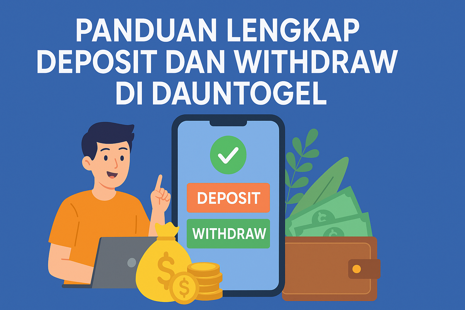 Ilustrasi digital bertema 'Panduan Lengkap Deposit dan Withdraw di Dauntogel', menampilkan pria muda mengenakan kaus oranye duduk di depan laptop sambil menunjuk ke atas. Di sampingnya terdapat smartphone besar dengan tombol 'Deposit' berwarna oranye dan 'Withdraw' berwarna hijau, serta ikon kantong uang, koin emas, dan dompet berisi uang kertas, dengan latar belakang biru.