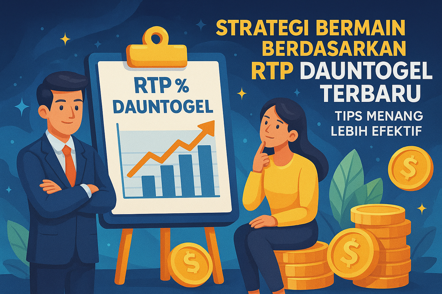 Ilustrasi strategi bermain slot berdasarkan RTP Dauntogel terbaru. Seorang pria berdasi berdiri di samping papan grafik bertuliskan 'RTP % Dauntogel' dengan panah naik, sementara seorang wanita duduk berpikir di atas tumpukan koin emas. Teks: 'Strategi Bermain Berdasarkan RTP Dauntogel Terbaru – Tips Menang Lebih Efektif