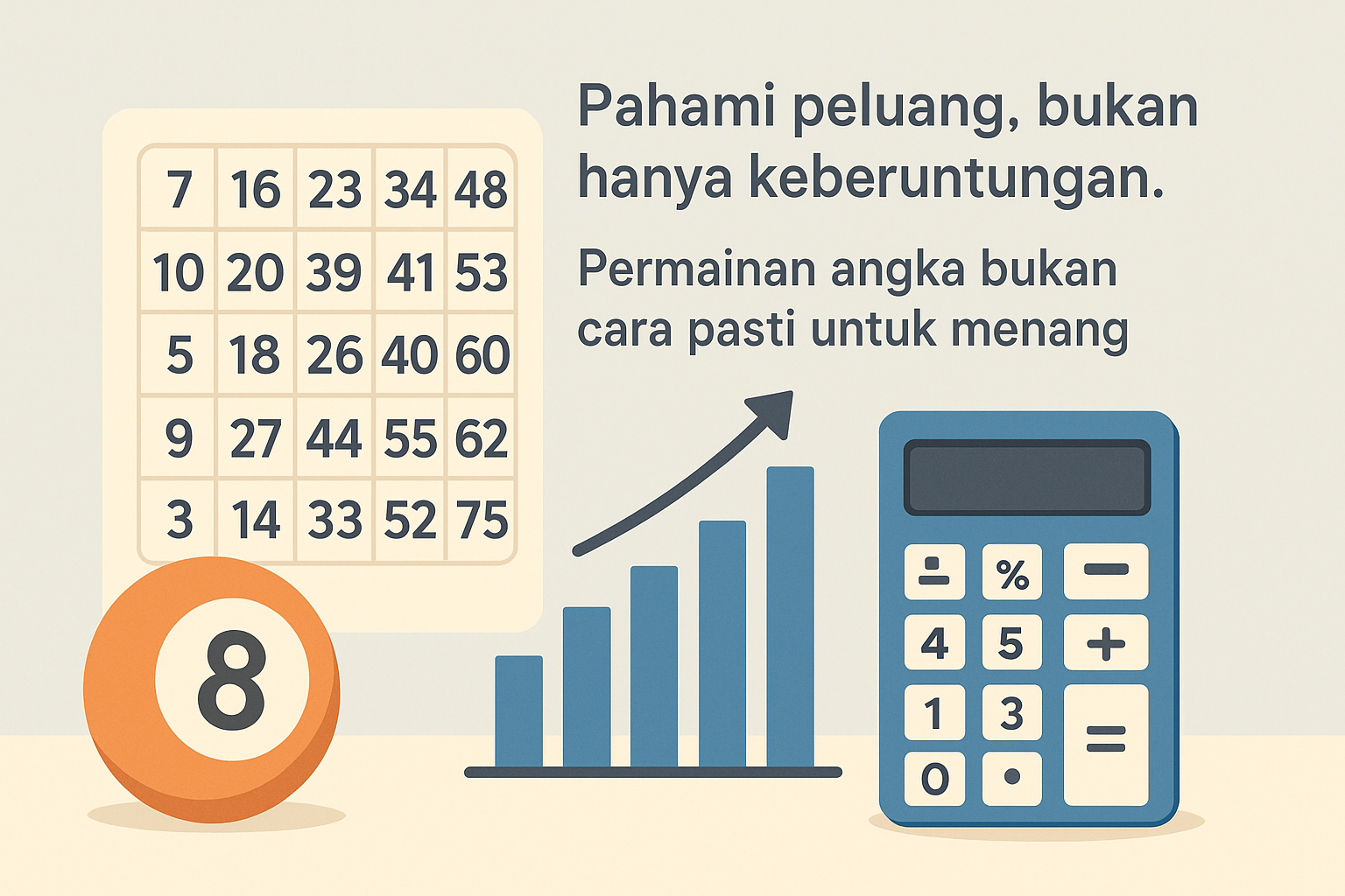 Infografik edukatif bergaya flat design yang menampilkan papan angka seperti bingo di sisi kiri, bola bernomor, grafik batang, kalkulator, dan panah hitam di sisi kanan. Latar belakang berwarna netral dengan teks yang menyampaikan pesan bahwa memahami peluang lebih penting daripada mengandalkan keberuntungan dalam permainan angka.