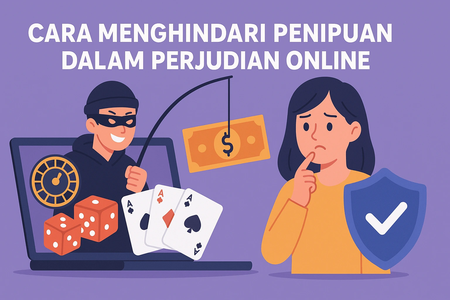 Ilustrasi cara menghindari penipuan dalam perjudian online – seorang wanita berpikir sambil melihat penipu bertopeng keluar dari laptop yang menampilkan dadu, kartu remi, dan simbol uang, dengan latar belakang ungu dan ikon perlindungan keamanan.
