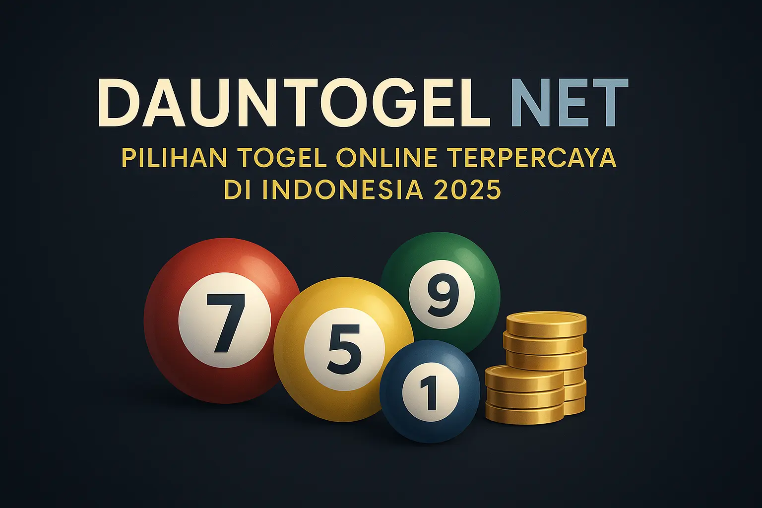 Banner Dauntogel Net 2025 – Situs Togel Online Terpercaya di Indonesia, menampilkan bola angka berwarna-warni dan tumpukan koin emas di latar biru elegan.