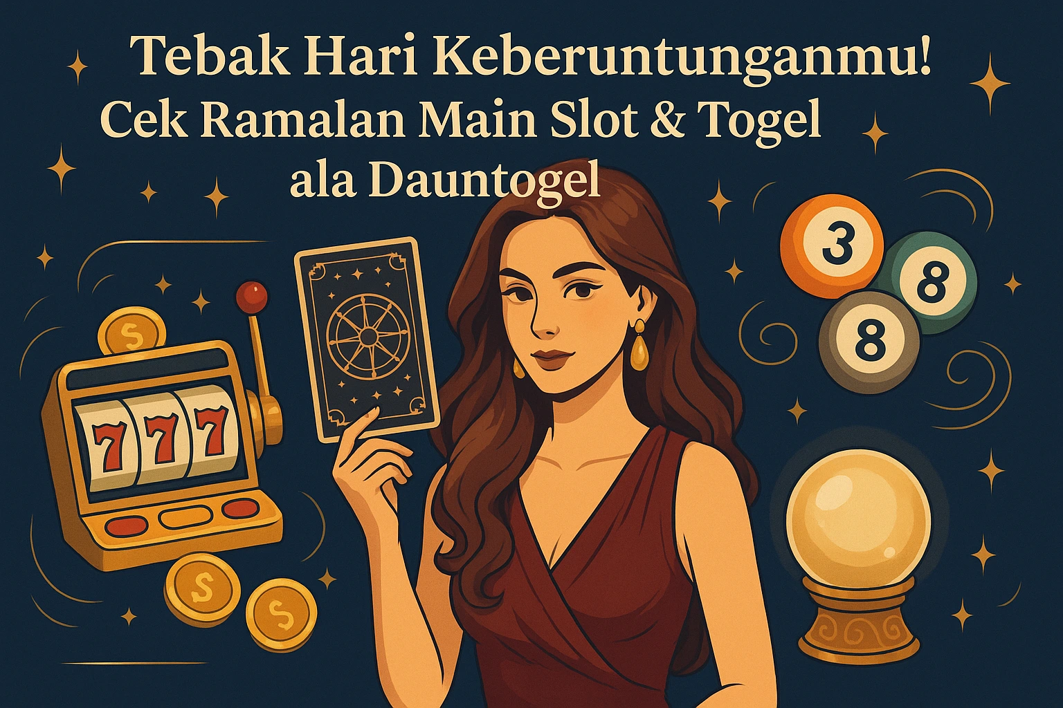 Tebak Hari Keberuntunganmu dengan ramalan main slot dan togel ala Dauntogel, ilustrasi wanita memegang kartu tarot, mesin slot angka 777, bola angka togel, dan bola kristal dengan latar bertabur bintang