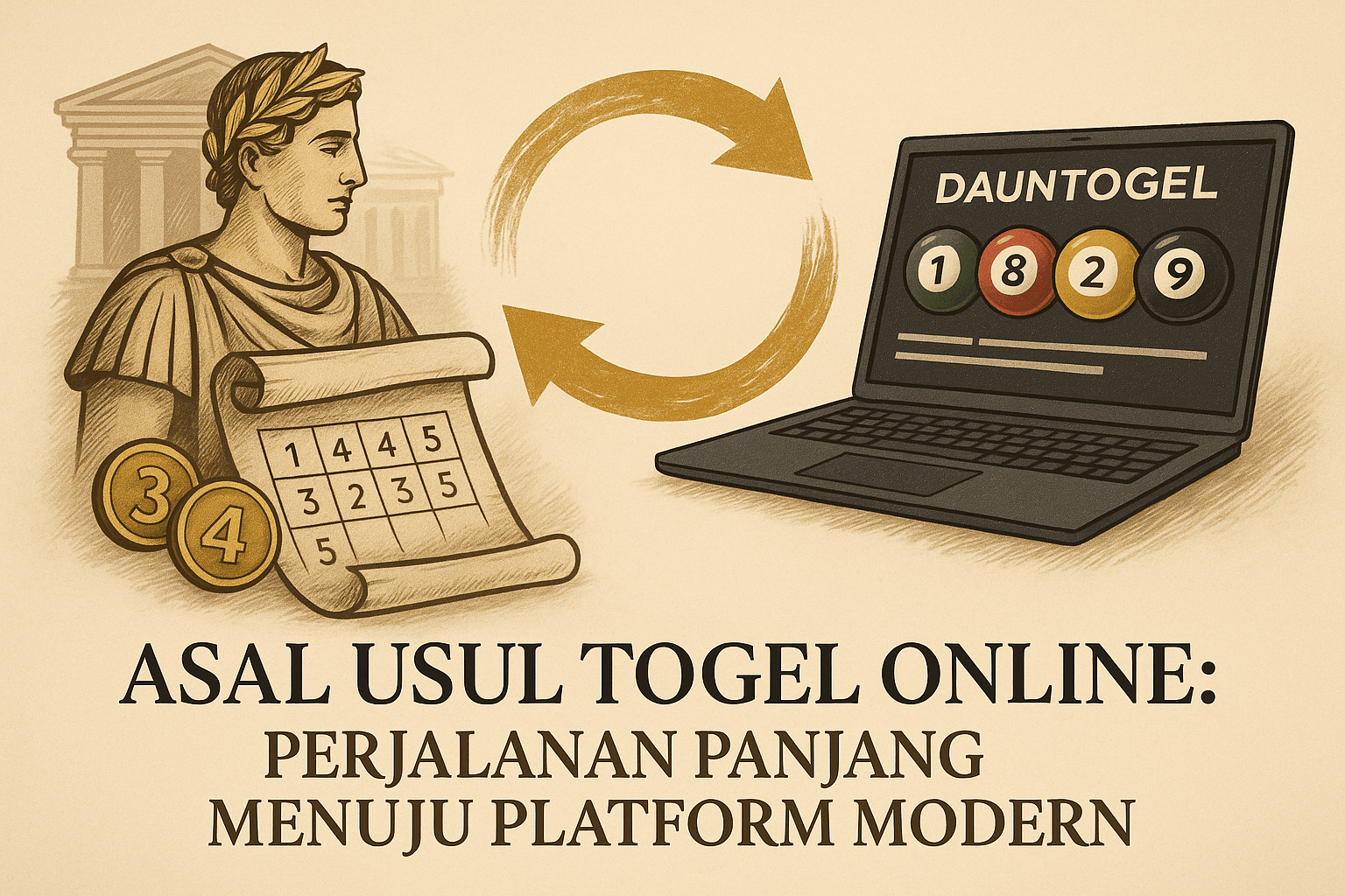 Ilustrasi elegan yang menggambarkan asal usul togel online, dari permainan angka zaman kuno hingga platform digital modern seperti Dauntogel.