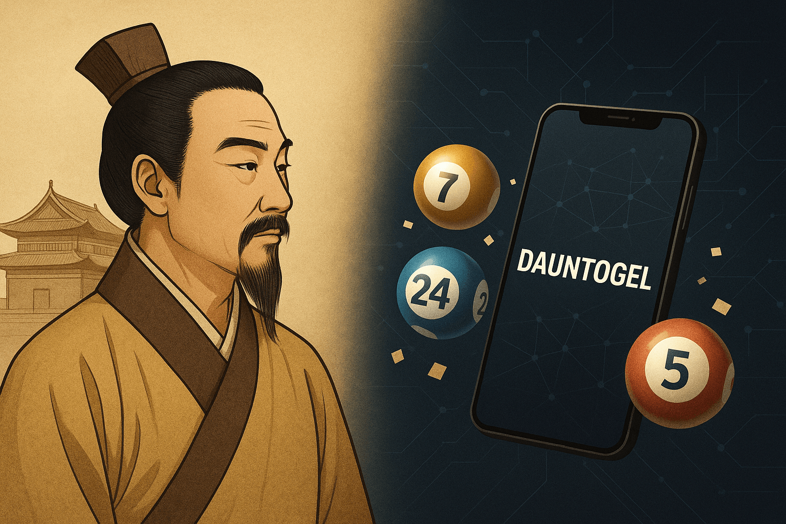 Ilustrasi elegan menggambarkan transformasi togel dari Tiongkok kuno ke era digital bersama Dauntogel.