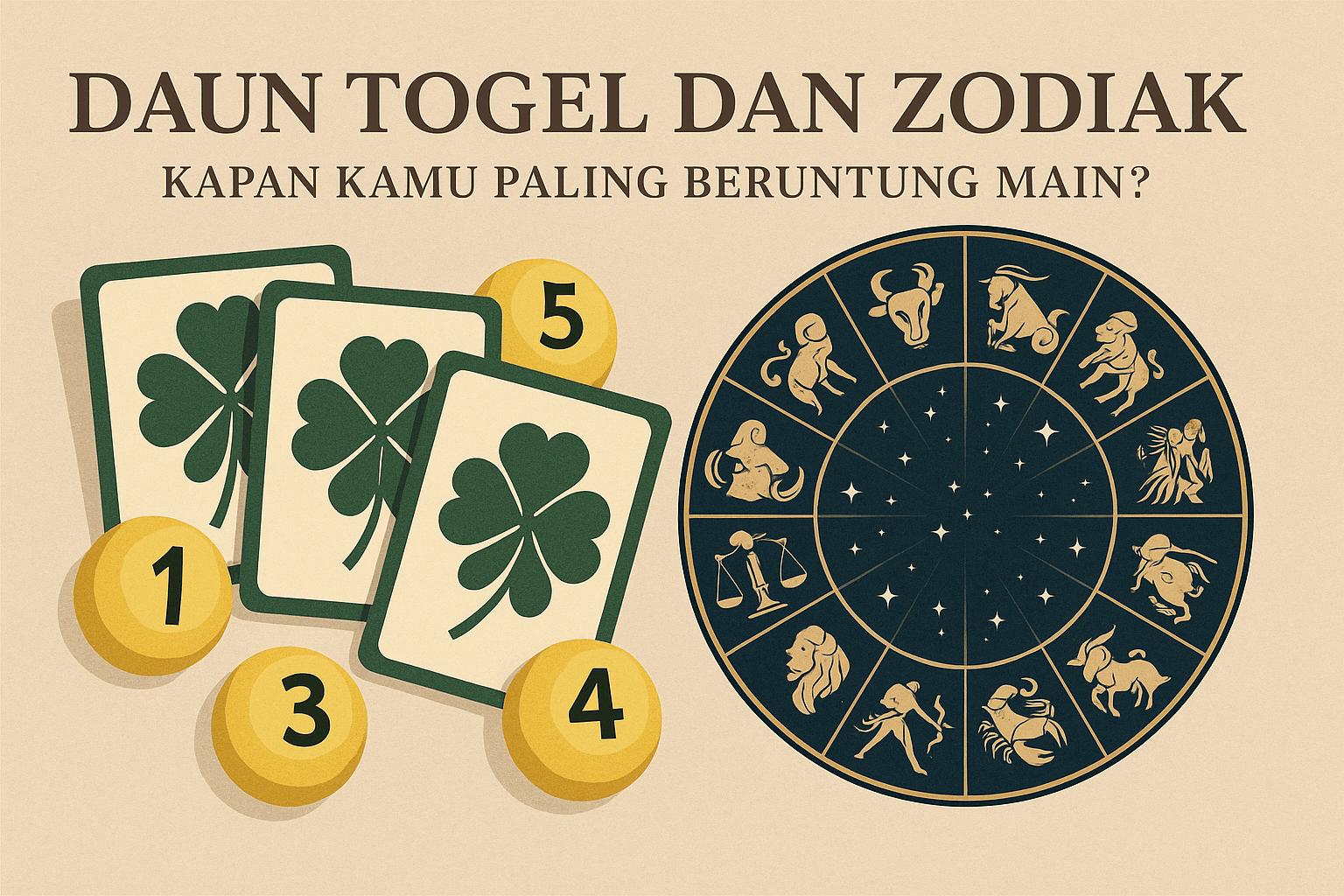 Ilustrasi elegan bertema "Daun Togel dan Zodiak" menampilkan kartu semanggi keberuntungan dan lingkaran zodiak dengan simbol astrologi, menggambarkan momen keberuntungan berdasarkan zodiak.