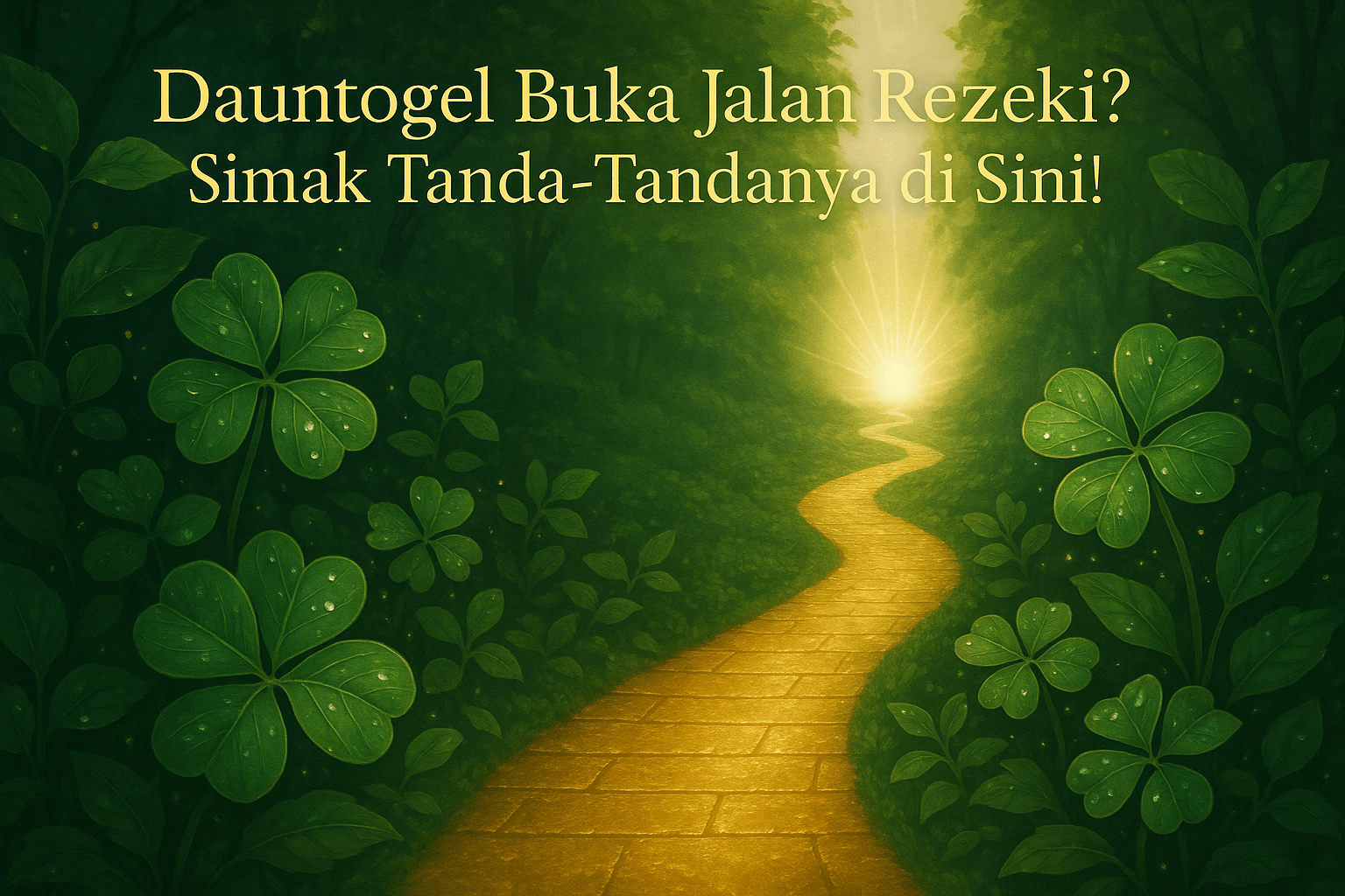 Ilustrasi elegan menggambarkan Dauntogel buka jalan rezeki dengan jalan emas di tengah hutan dan cahaya terang di ujungnya sebagai simbol keberuntungan