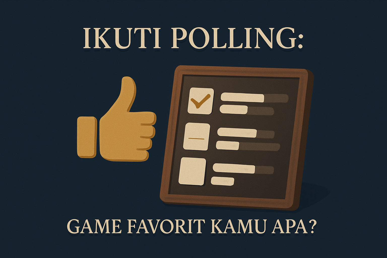 Ilustrasi elegan bertema "Ikuti Polling" menampilkan papan polling dengan tanda centang dan ikon jempol, di atas latar biru gelap profesional.