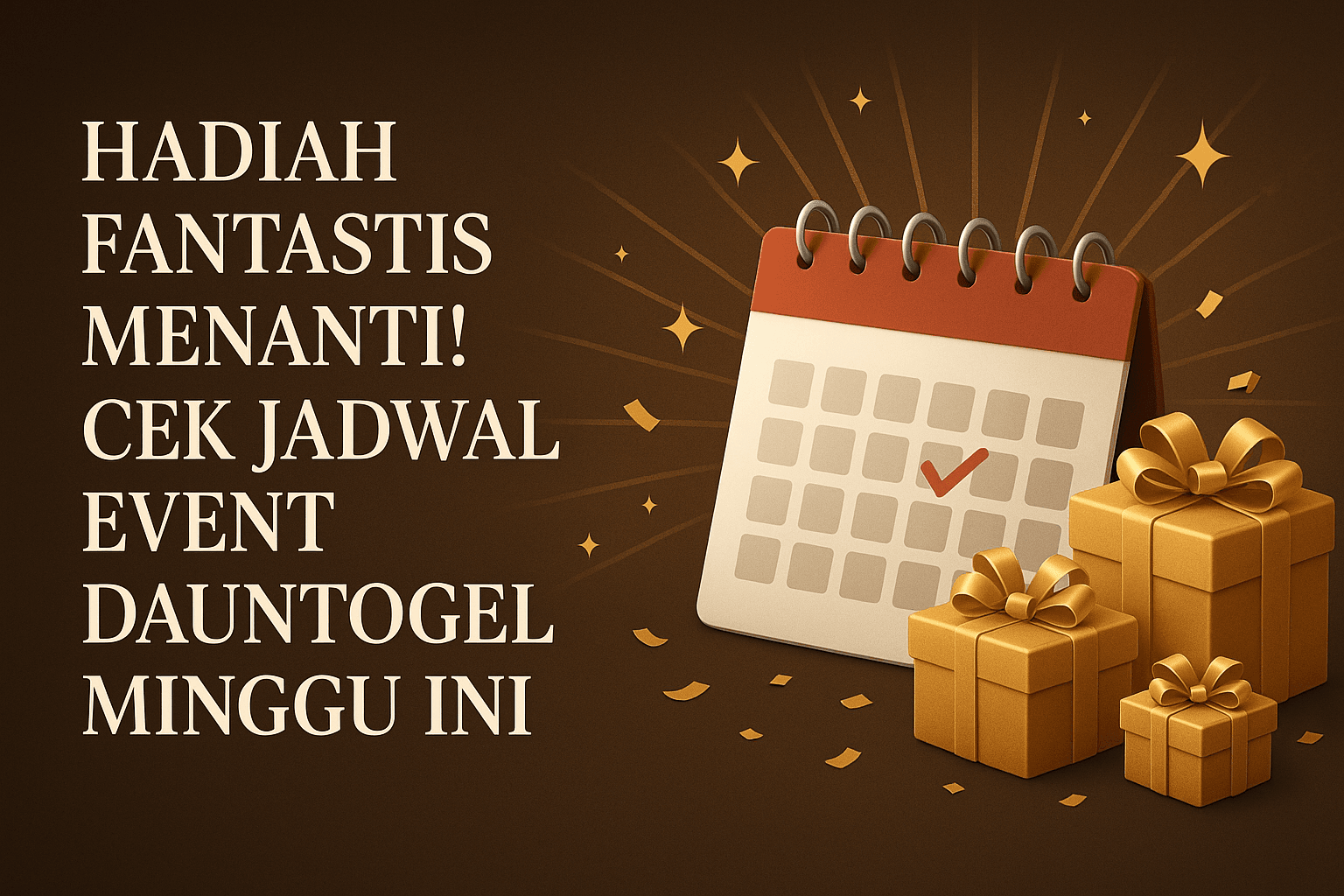 Poster bertema event Dauntogel dengan ilustrasi kalender bertanda centang merah, dihiasi kado emas berukuran berbeda, serta teks 'Hadiah fantastis menanti! Cek jadwal event Dauntogel minggu ini' di latar belakang cokelat.