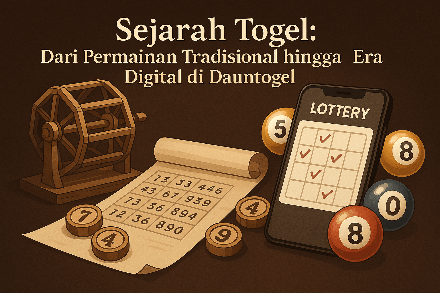 Ilustrasi sejarah togel yang menggambarkan perjalanan dari permainan tradisional menggunakan mesin undian kayu hingga era digital dengan aplikasi lotere di smartphone