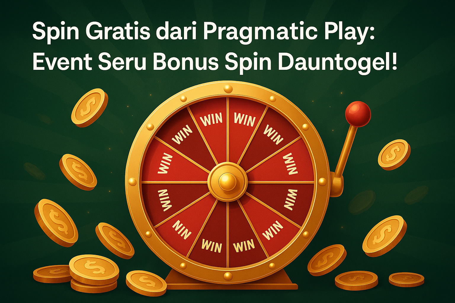 Ilustrasi elegan berisi roda keberuntungan berwarna emas dengan tulisan "WIN", dikelilingi koin emas dan tuas mesin slot, menyoroti event bonus spin gratis dari Pragmatic Play di Dauntogel.