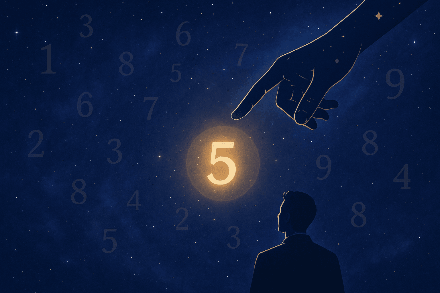 Ilustrasi elegan bertema semesta dengan tangan kosmik menunjuk angka 5 bercahaya, menggambarkan keberuntungan dan petunjuk ilahi menuju kemenangan di Dauntogel