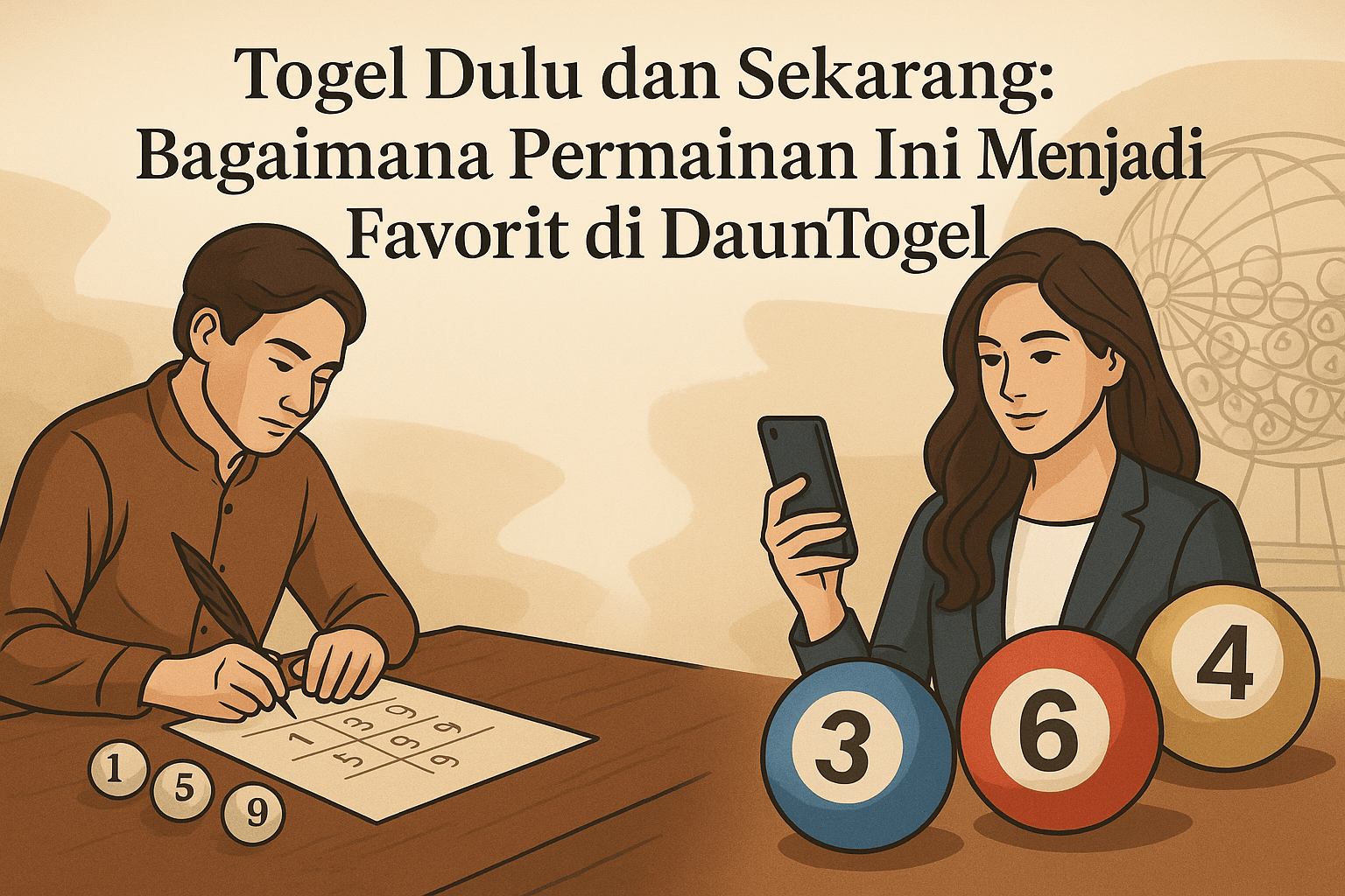 Ilustrasi Togel Dulu dan Sekarang yang menggambarkan perbedaan antara permainan togel tradisional dengan yang modern di platform Dauntogel.