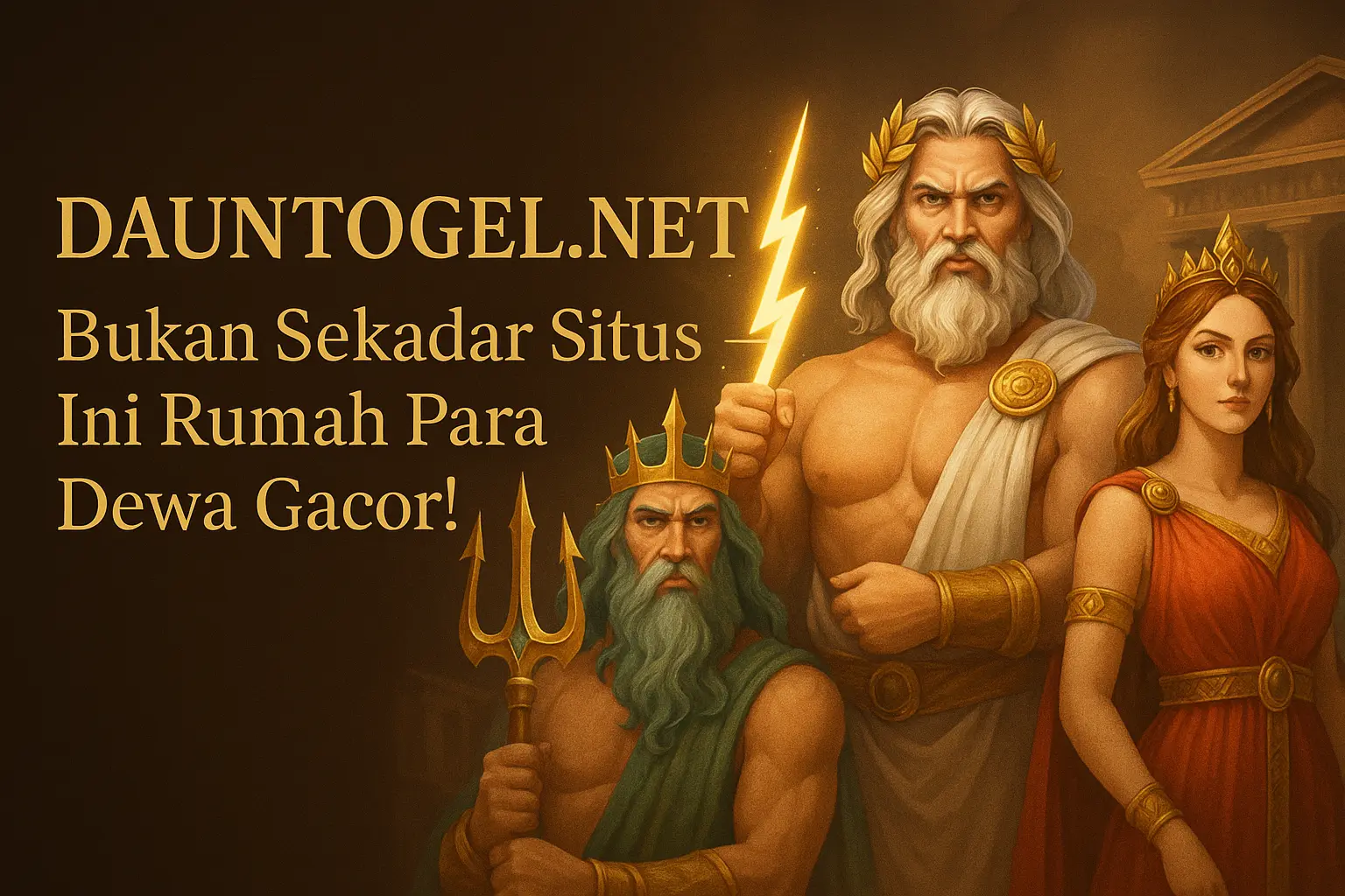 Ilustrasi elegan menggambarkan situs Dauntogel.net sebagai rumah para dewa gacor, dengan figur dewa-dewi bergaya mitologi di latar arsitektur klasik.
