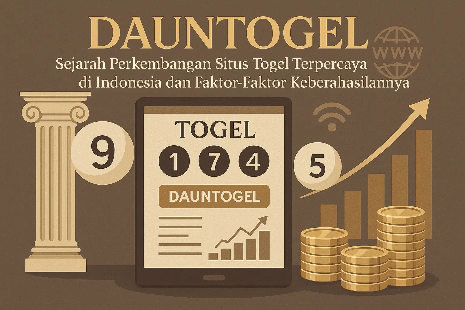 Ilustrasi elegan yang menggambarkan perkembangan situs togel terpercaya Dauntogel di Indonesia, menampilkan grafik pertumbuhan, koin emas, dan antarmuka digital profesional.