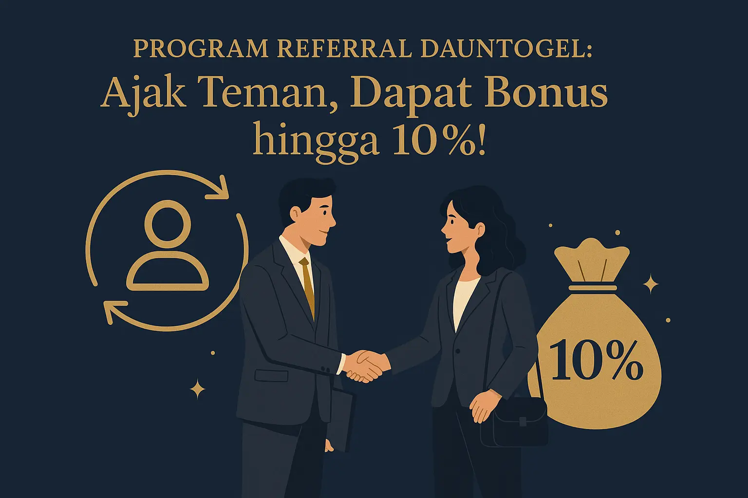 Ilustrasi program referral DaunTogel yang elegan dengan simbol bonus 10%, dua orang berjabat tangan, dan nuansa profesional berlatar biru dan emas.