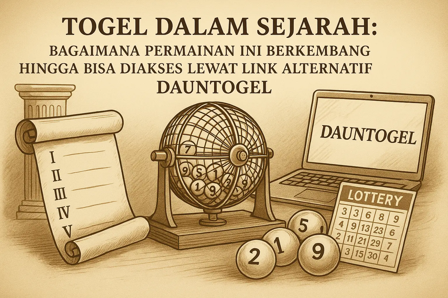 Ilustrasi elegan yang menggambarkan evolusi permainan togel dari sejarah kuno hingga akses digital melalui platform seperti Dauntogel, dengan elemen gulungan kertas, bola angka, dan laptop modern.