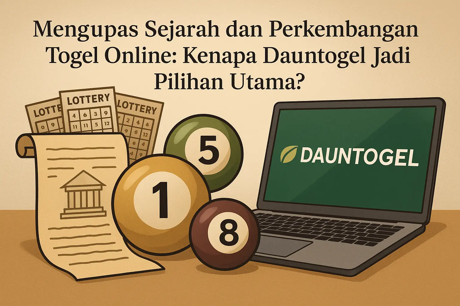 Ilustrasi elegan sejarah dan perkembangan togel online dengan laptop menampilkan DaunTogel, bola togel, tiket, dan gulungan sejarah, menggambarkan profesionalisme situs togel terpercaya.