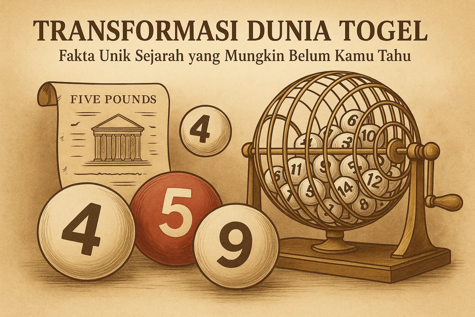 Ilustrasi elegan tentang transformasi dunia togel, menampilkan mesin lotere antik, bola bernomor, dan gulungan sejarah bergaya vintage yang menggambarkan evolusi permainan togel secara profesional.