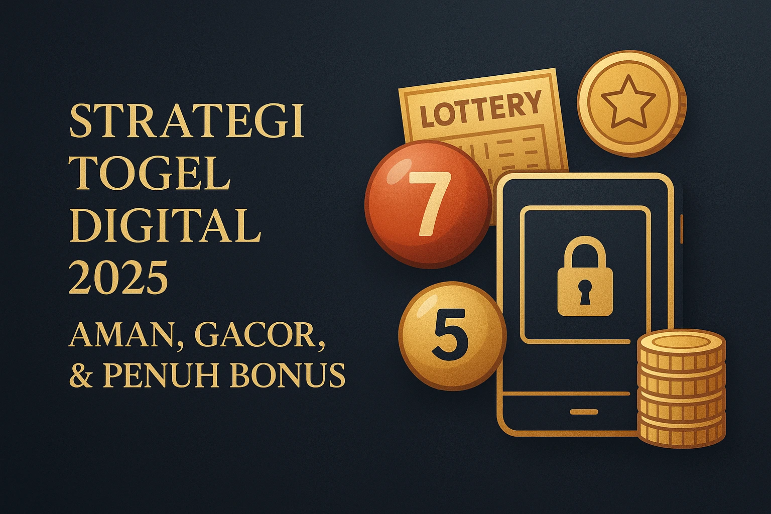 Ilustrasi strategi togel digital 2025 dengan simbol keamanan, bola togel, dan bonus, bergaya elegan dan profesional